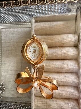 Vintage Webster Gold Tone Watch Brooch with Pearl Accent - Women's Jewelry